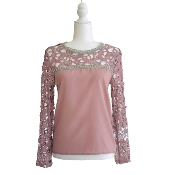 Choices Top Mauve Lace Crochet Long Sleeve Chiffon Blouse Top Size Small NEW - Picture 12 of 12